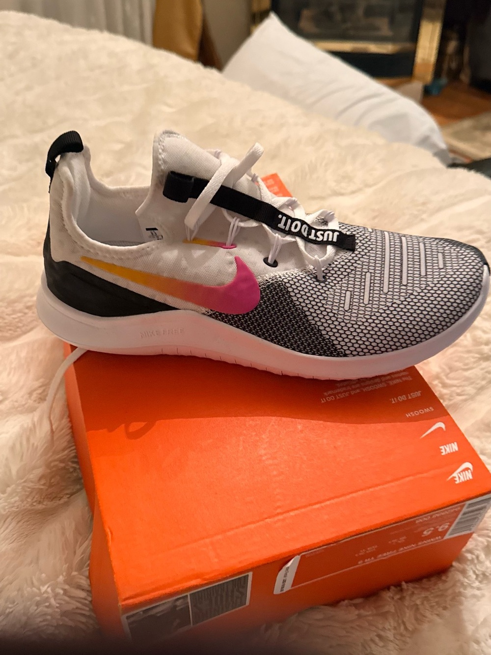 Nike Kids White Sneakers with Pink and Yellow Gradient Swoosh - Picture 2 of 2